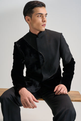 Black velvet bandhgala set