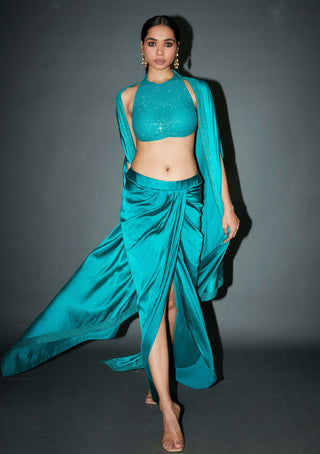 Itrh-Sabrinna Emerald Draped Skirt And Cape Set-INDIASPOPUP.COM