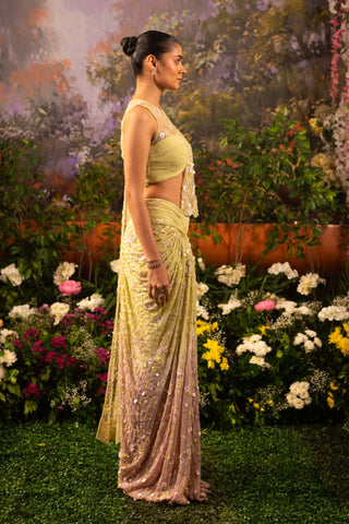 Sage Green & Blush Pink Caylie Sari And Blouse by Moledro available on Indiaspopup