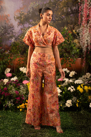 Coral Tisha Blouse And Flared Pants by Moledro available on Indiaspopup