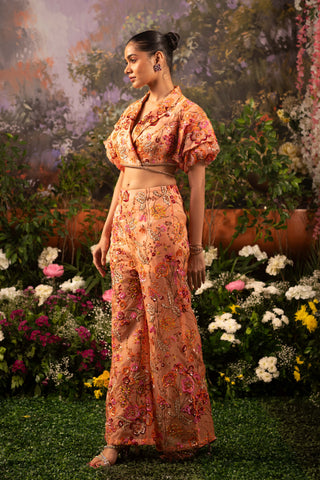 Coral Tisha Blouse And Flared Pants by Moledro available on Indiaspopup