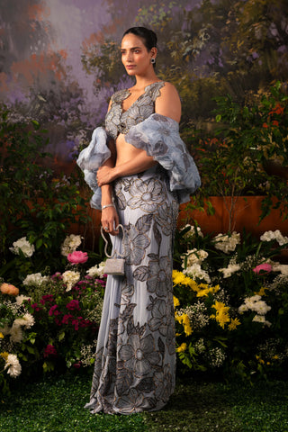 Ice Blue Natasha Sari And Blouse by Moledro available on Indiaspopup