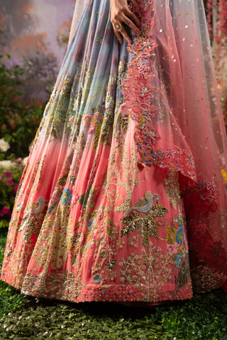 Ice Blue And Pink Ombre Iris Lehenga Set by Moledro available on Indiaspopup