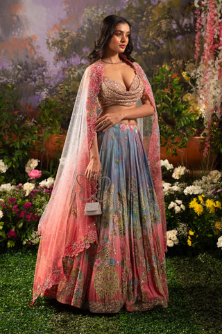 Ice Blue And Pink Ombre Iris Lehenga Set by Moledro available on Indiaspopup