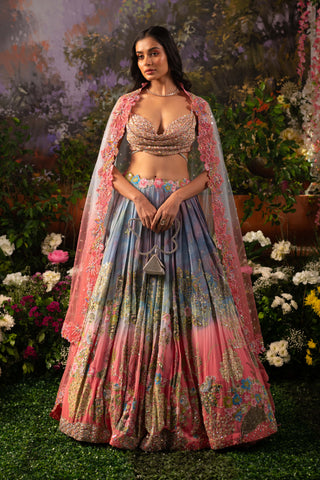 Ice Blue And Pink Ombre Iris Lehenga Set by Moledro available on Indiaspopup