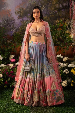 Ice Blue And Pink Ombre Iris Lehenga Set by Moledro available on Indiaspopup