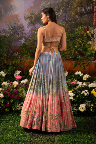 Ice Blue And Pink Ombre Iris Lehenga Set by Moledro available on Indiaspopup