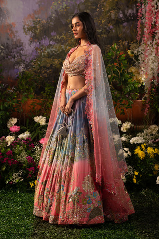 Ice Blue And Pink Ombre Iris Lehenga Set by Moledro available on Indiaspopup