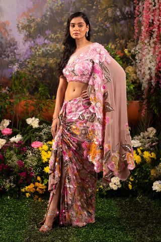 Pink Jazmin Sari And Blouse by Moledro available on Indiaspopup