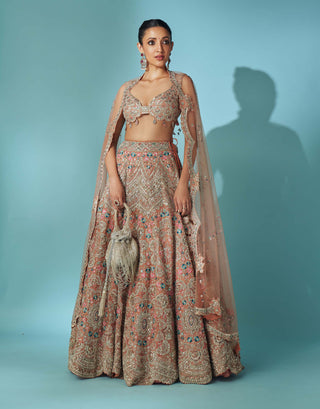 Coral zardozi embroidered lehenga set