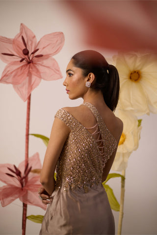 Jasmine Rosegold Draped Gown by Roqa available on Indiaspopup.com