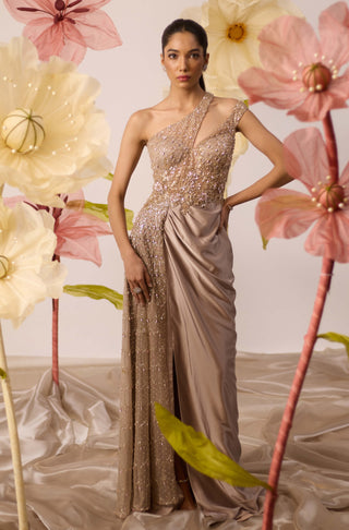 Jasmine Rosegold Draped Gown by Roqa available on Indiaspopup.com
