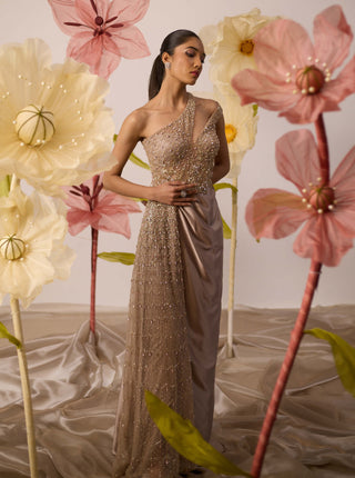 Jasmine Rosegold Draped Gown by Roqa available on Indiaspopup.com