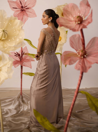 Jasmine Rosegold Draped Gown by Roqa available on Indiaspopup.com