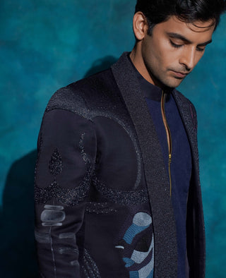 Midnight blue embroidered concept blazer set