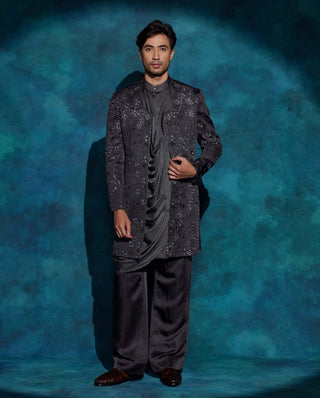 Charcoal gray hand embroidered contemporary jacket set