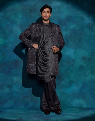 Charcoal gray hand embroidered contemporary jacket set