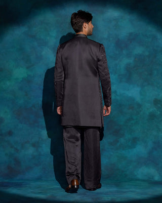 Charcoal gray hand embroidered contemporary jacket set