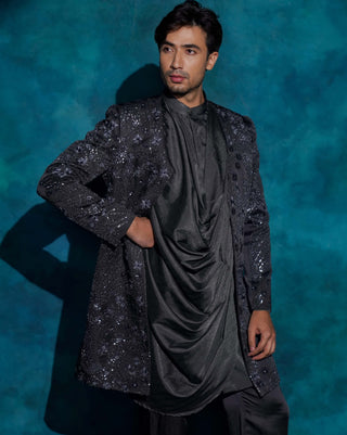 Charcoal gray hand embroidered contemporary jacket set