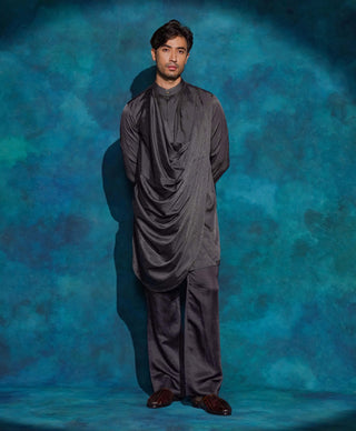 Charcoal gray hand embroidered contemporary jacket set