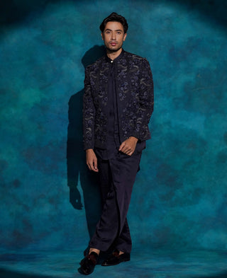 Midnight blue floral embroidered jacket set