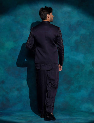 Midnight blue floral embroidered jacket set