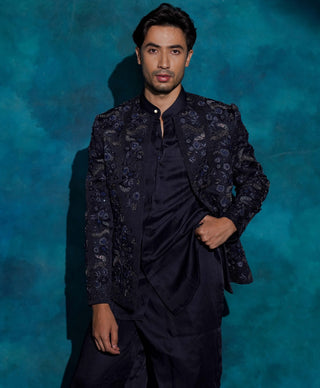 Midnight blue floral embroidered jacket set