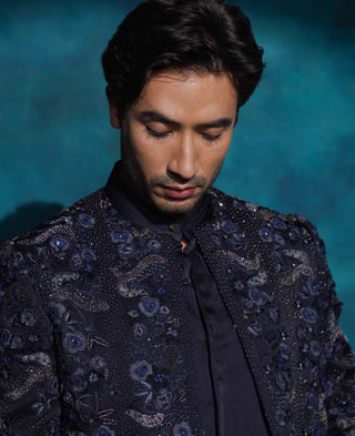 Midnight blue floral embroidered jacket set