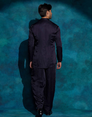 Midnight blue floral embroidered jacket set