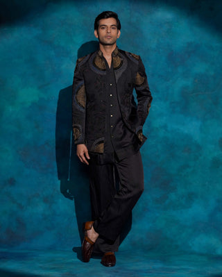 Black hand embroidered open bandhgala set