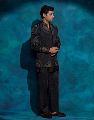 Black hand embroidered open bandhgala set