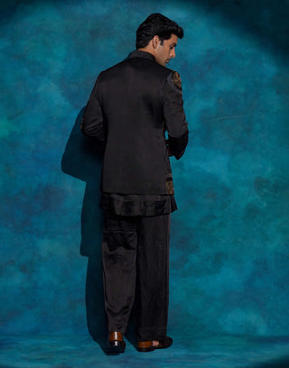 Black hand embroidered open bandhgala set