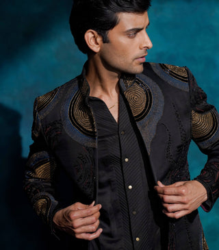 Black hand embroidered open bandhgala set