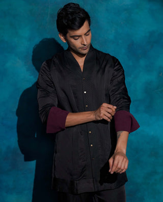 Black hand embroidered open bandhgala set