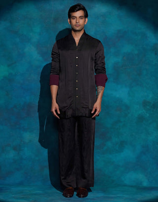 Black hand embroidered open bandhgala set