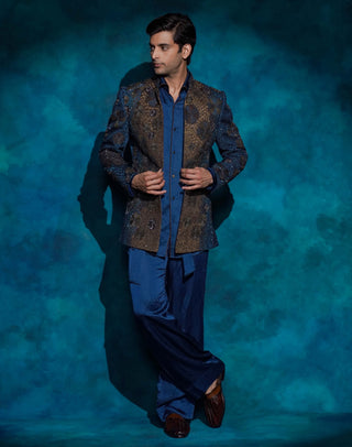 Teal and ombre hand embroidered short jacket set