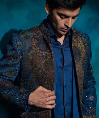 Teal and ombre hand embroidered short jacket set