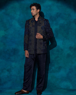 Midnight blue hand embroidered short jacket set