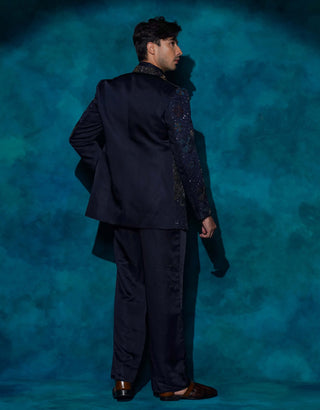 Midnight blue hand embroidered short jacket set