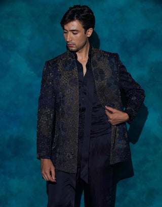 Midnight blue hand embroidered short jacket set