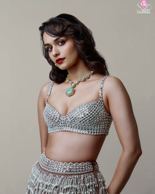 Deep beige chandelier pearl drop lehenga set