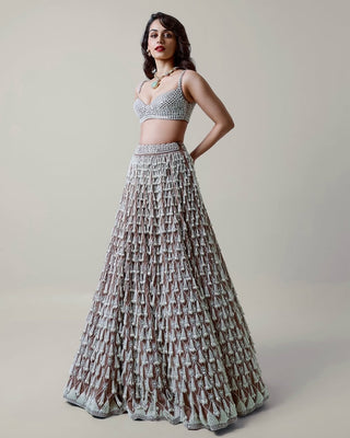 Deep beige chandelier pearl drop lehenga set