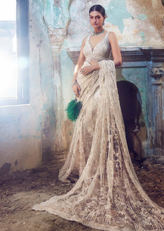Nitika Gujral-Cream Embroidered Net Sari Set-INDIASPOPUP.COM