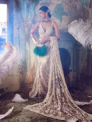 Nitika Gujral-Cream Embroidered Net Sari Set-INDIASPOPUP.COM