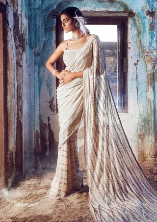 Nitika Gujral-Beige Shimmer Georgette Sari Set-INDIASPOPUP.COM