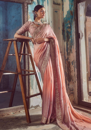 Nitika Gujral-Peach To Mauve Ombre Sari Set-INDIASPOPUP.COM