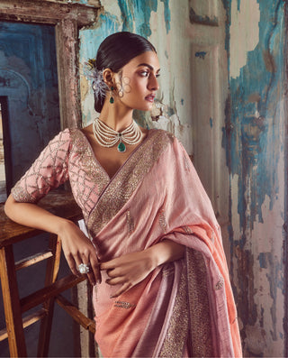 Nitika Gujral-Peach To Mauve Ombre Sari Set-INDIASPOPUP.COM