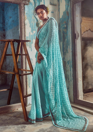 Nitika Gujral-Aqua Blue Chiffon Sari Set-INDIASPOPUP.COM