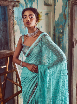 Nitika Gujral-Aqua Blue Chiffon Sari Set-INDIASPOPUP.COM