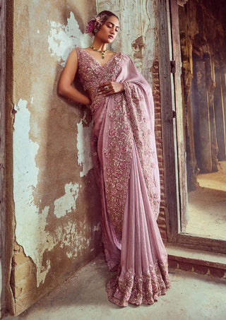 Nitika Gujral-Rose Pink Embroidered Sari Set-INDIASPOPUP.COM